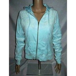 SELF ESTEEM Velour Jacket Top Shirt Juniors XL Cropped Hooded Mint Green NOS
